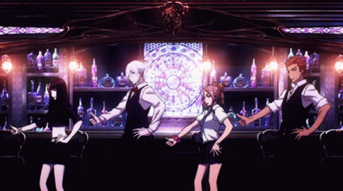 A Group Of Anime Characters Are Dancing In A Dark Room GIF