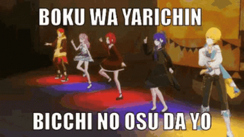 A Group Of Anime Characters Are Dancing On A Stage In A Meme . GIF
