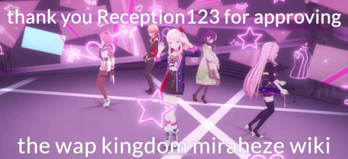 a group of anime characters are dancing on a stage with the words thank you reception123 for approving the wap kingdom m