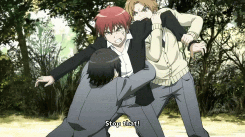 A Group Of Anime Characters Are Fighting And One Of Them Says " Stop That " GIF