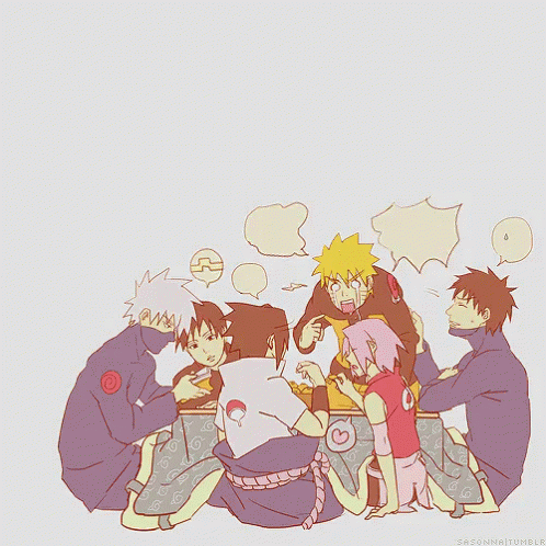A Group Of Anime Characters Are Gathered Around A Table With A Speech Bubble That Says " N " On It GIF