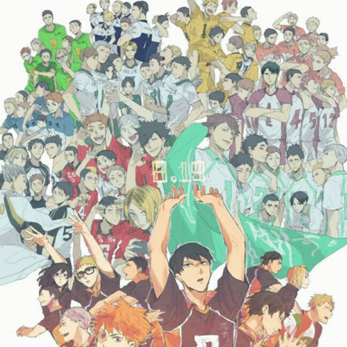 A Group Of Anime Characters Are Gathered Together And One Of Them Has The Number 7 On Their Shirt GIF