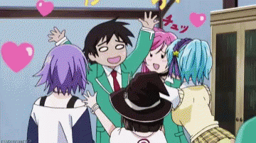 A Group Of Anime Characters Are Hugging Each Other And One Of Them Is Wearing A Hat GIF