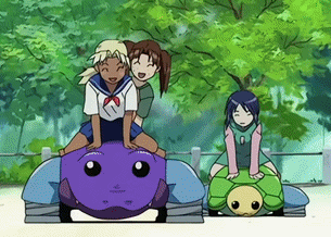 A Group Of Anime Characters Are Playing On A Playground With A Turtle GIF