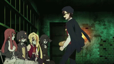 A Group Of Anime Characters Are Sitting Around A Man Holding A Bread Loaf GIF