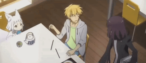 A Group Of Anime Characters Are Sitting At A Table Eating Food . GIF