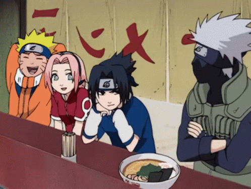 A Group Of Anime Characters Are Sitting At A Table With A Bowl Of Ramen In Front Of Them GIF