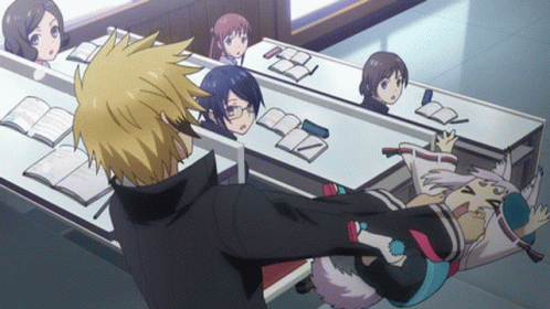 A Group Of Anime Characters Are Sitting At A Table With Books On It GIF