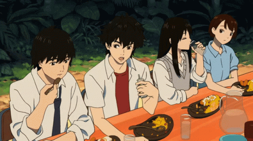 A Group Of Anime Characters Are Sitting At A Table With Plates Of Food GIF
