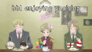 A Group Of Anime Characters Are Sitting At A Table With The Words Bbl Enjoying Yaoislop Written Above Them GIF