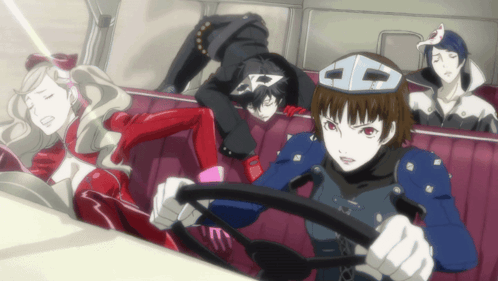 A Group Of Anime Characters Are Sitting In A Car And One Of Them Is Wearing A Helmet With The Letter C On It GIF
