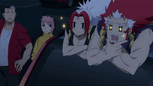 a group of anime characters are sitting in a car with one making a funny face
