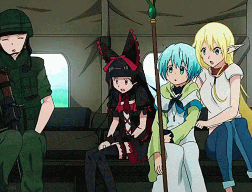 A Group Of Anime Characters Are Sitting In A Tent With A Man In A Helmet Standing Behind Them GIF