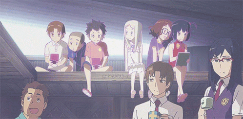 A Group Of Anime Characters Are Sitting On A Wooden Ledge And One Of Them Is Wearing A Purple Tie GIF