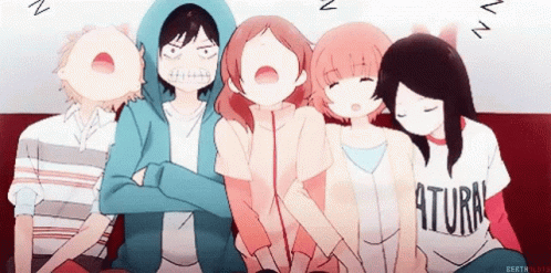 A Group Of Anime Characters Are Sleeping On A Couch With One Girl Wearing A Shirt That Says 9Turn GIF