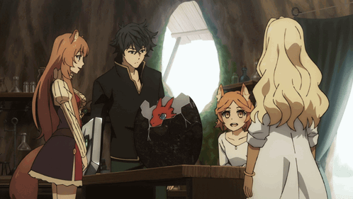 A Group Of Anime Characters Are Standing Around A Table And Talking GIF