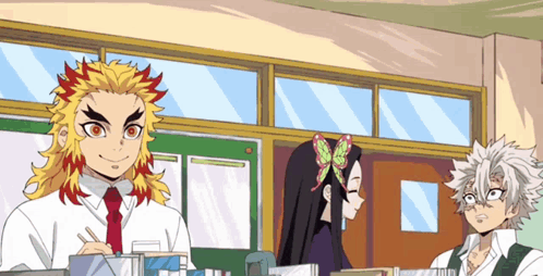 A Group Of Anime Characters Are Standing In A Classroom Talking To Each Other . GIF