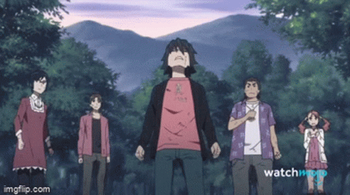 A Group Of Anime Characters Are Standing In A Forest With Mountains In The Background And The Words Watchmojo On The Bot GIF