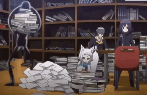 A Group Of Anime Characters Are Standing In A Library Surrounded By Books And Papers . GIF