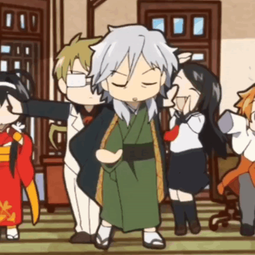 A Group Of Anime Characters Are Standing In A Room And One Of Them Is Wearing A Kimono GIF
