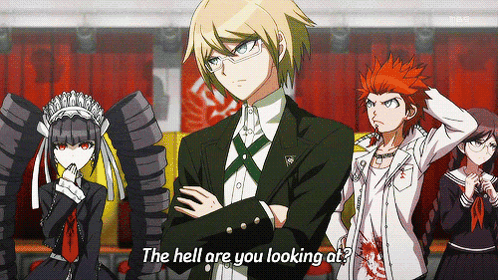 A Group Of Anime Characters Are Standing In A Room And One Of Them Says The Hell Are You Looking At GIF