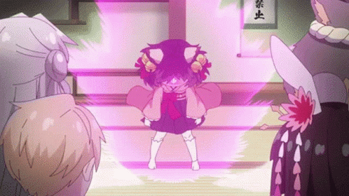 A Group Of Anime Characters Are Standing In A Room With A Purple Light Coming Out Of The Ceiling . GIF