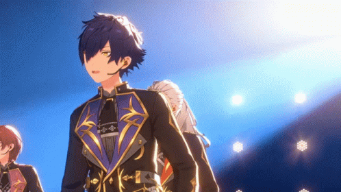 A Group Of Anime Characters Are Standing In Front Of A Blue Background GIF