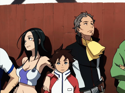 A Group Of Anime Characters Are Standing In Front Of A Fence GIF