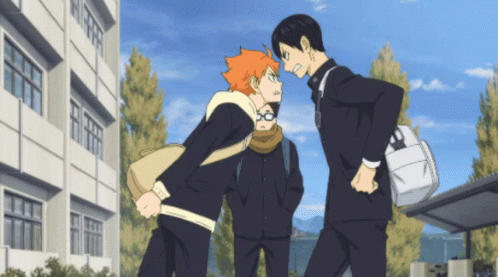 A Group Of Anime Characters Are Standing In Front Of A School Building GIF