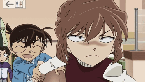 A Group Of Anime Characters Are Standing In Front Of An Arrow Pointing To A Bathroom GIF