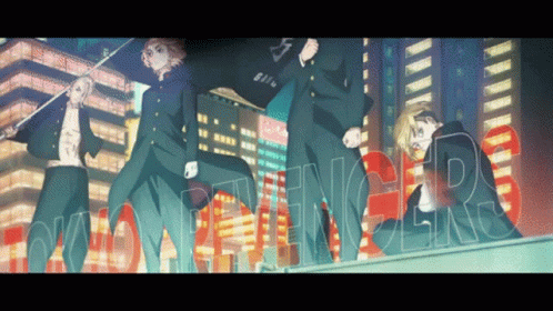 A Group Of Anime Characters Are Standing In Front Of Tokyo Revengers Written In Red GIF