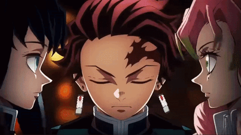 A Group Of Anime Characters Are Standing Next To Each Other And Looking At Each Other . GIF