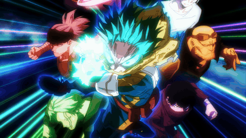 A Group Of Anime Characters Are Standing Next To Each Other And One Of Them Has A Blue Hair GIF