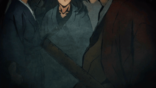 A Group Of Anime Characters Are Standing Next To Each Other And One Of Them Has Blood On His Face GIF