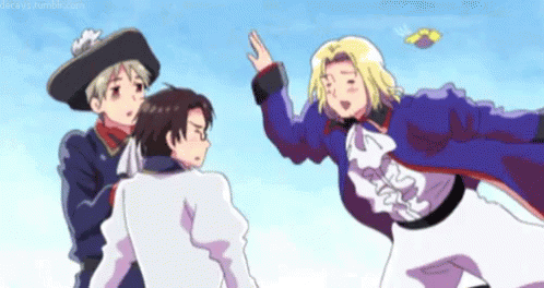 A Group Of Anime Characters Are Standing Next To Each Other And One Of Them Is Wearing A Hat . GIF
