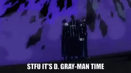 a group of anime characters are standing next to each other and they are talking about gray-man time .