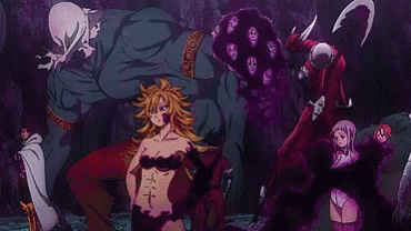 A Group Of Anime Characters Are Standing Next To Each Other In A Dark Cave . GIF