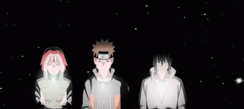 A Group Of Anime Characters Are Standing Next To Each Other In A Row . GIF