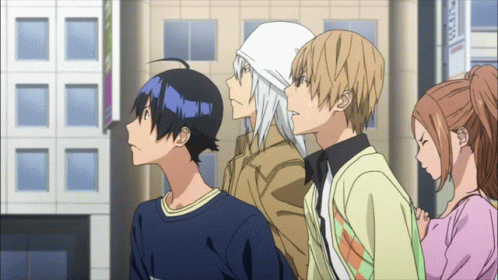 A Group Of Anime Characters Are Standing Next To Each Other In Front Of A Building GIF