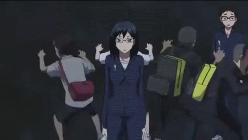 A Group Of Anime Characters Are Standing Next To Each Other In The Dark . GIF
