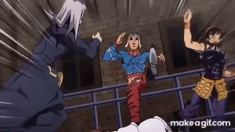 A Group Of Anime Characters Are Standing Next To Each Other On A Railing . GIF