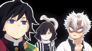 A Group Of Anime Characters Are Standing Next To Each Other With A Snake On Their Head . GIF