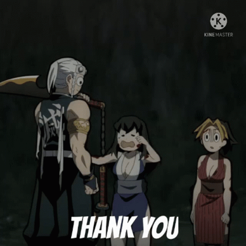 A Group Of Anime Characters Are Standing Next To Each Other With The Words Thank You In The Corner GIF