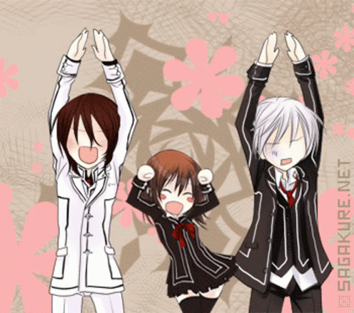 A Group Of Anime Characters Are Standing Next To Each Other With Their Arms In The Air GIF