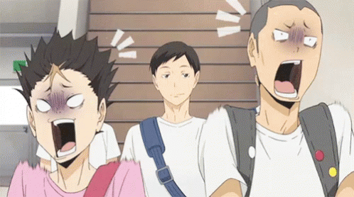 A Group Of Anime Characters Are Standing Next To Each Other With Their Mouths Wide Open . GIF