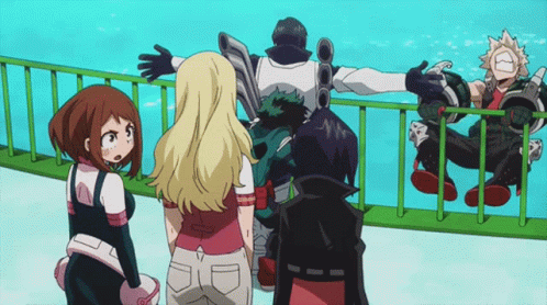 A Group Of Anime Characters Are Standing On A Bridge Looking At A Man Flying Through The Air GIF