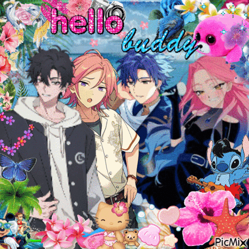 A Group Of Anime Characters Are Surrounded By Flowers And The Words Hello Buddy GIF