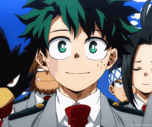 A Group Of Anime Characters Including A Boy With Green Hair And A Tie GIF