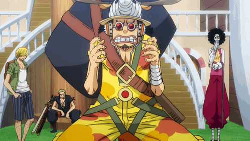 A Group Of Anime Characters Including Brook And Sanji Are Standing In Front Of A Staircase GIF