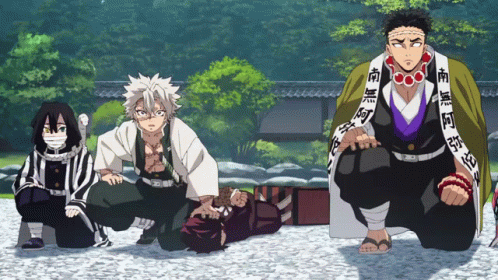 A Group Of Anime Characters Including One With Chinese Writing On His Chest GIF